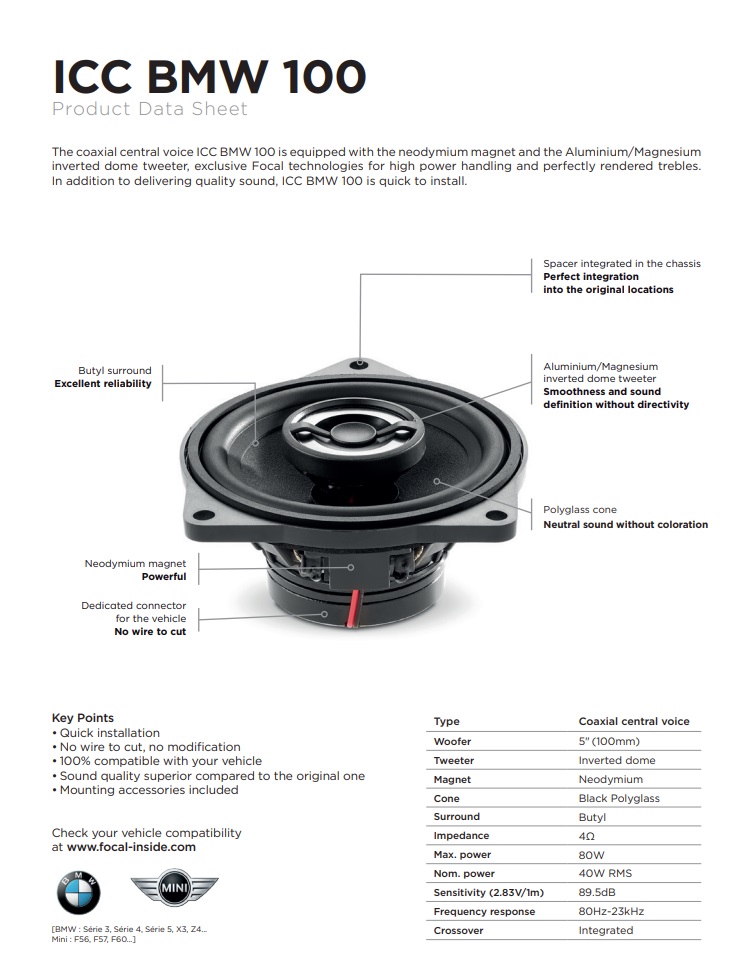 Focal ICCBMW100 Inside 2-Wege Coax Center Lautsprecher für BMW und Mini Fahrzeuge - 1 Stück 