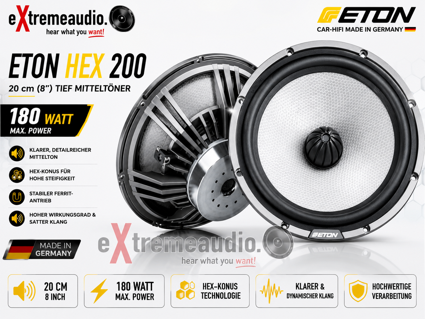 ETON HEX 200 Tief Mitteltöner 20 cm (8") Lautsprecher 180 Watt - 1 Paar   