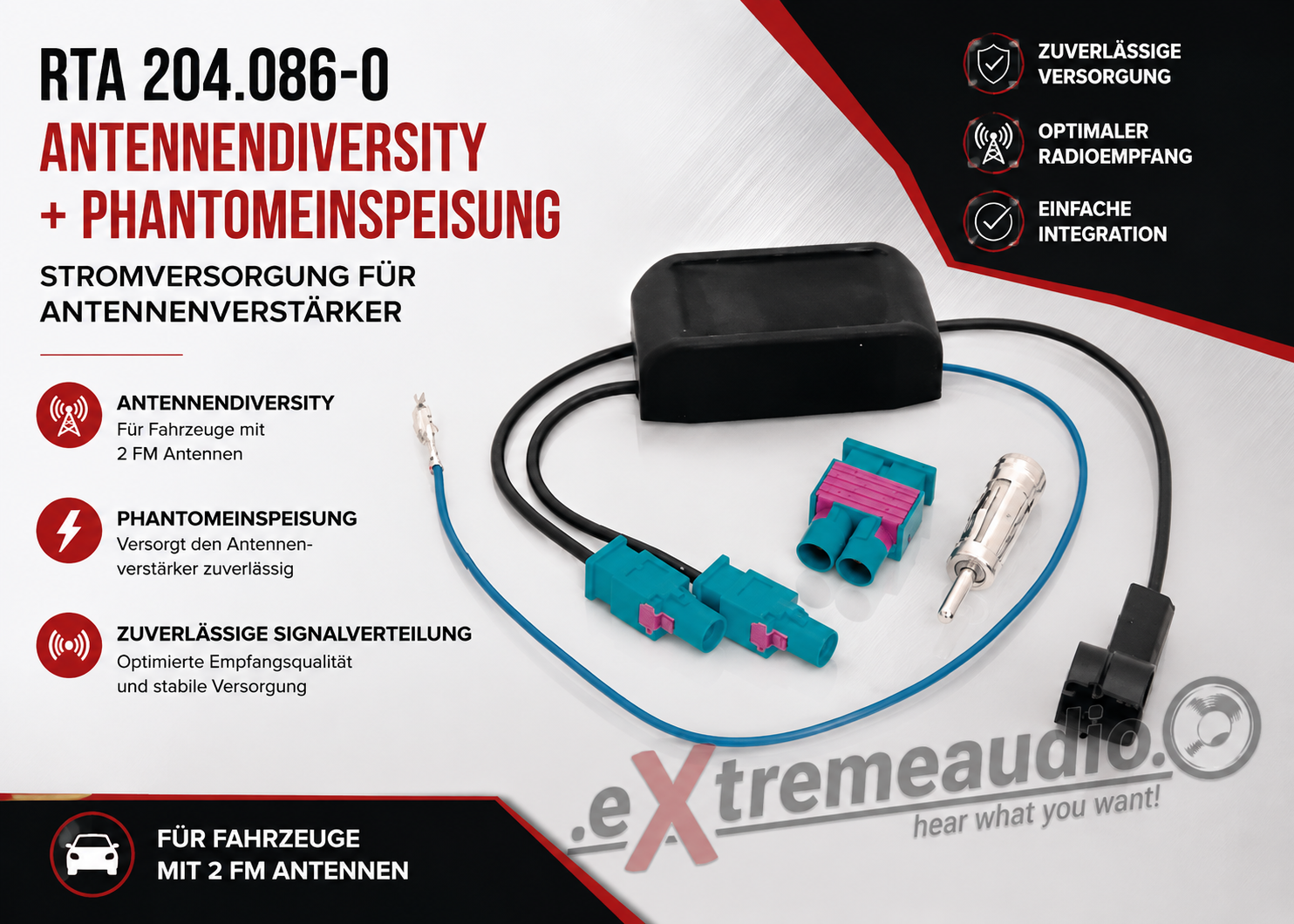 RTA 204.086-0 Antennendiversity + Phantomeinspeisung- Stromversorgung für Antennenverstärker kompatibel mit Audi, Citroen, Mercedes, Peugeot, Seat , Skoda, VW
