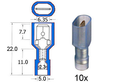 RTA 151.007-0 Nylon complètement isolé broches plates 6,3 mm bleu