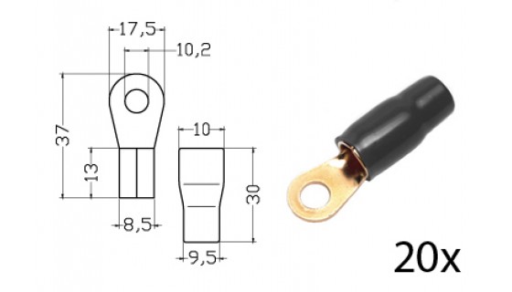 RTA 152.415-2 Bloccaggio terminale ad anello isolato, placcato in oro, 20x NERO 20mm² Anello Dia. 10 millimetri