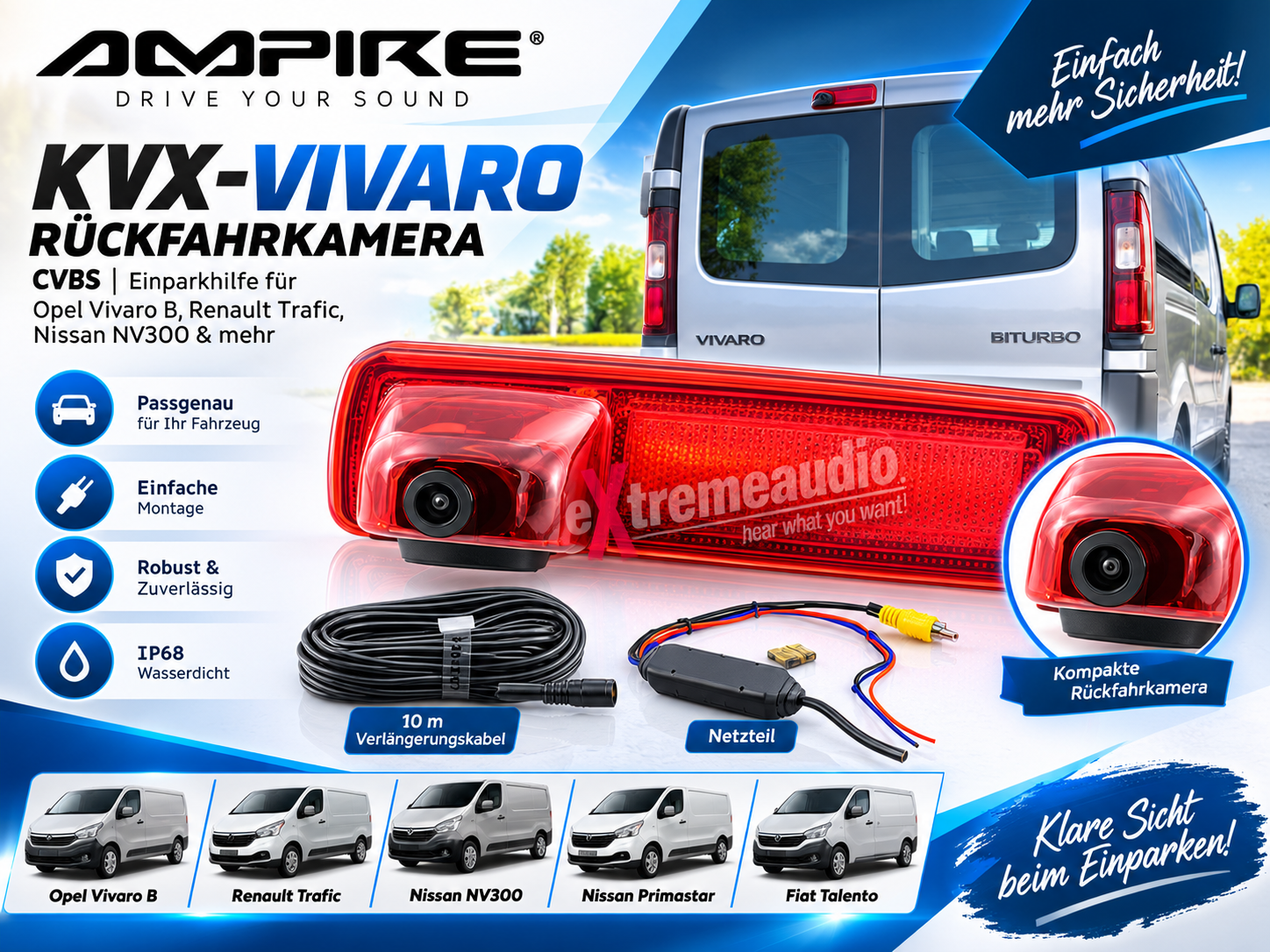 Ampire KVX-VIVARO Kamera Rückfahrkamera Einparkkamera (CVBS), kompatibel mit Opel Vivaro B, Renault Trafic, Nissan NV300, Nissan Primastar, Fiat Talento