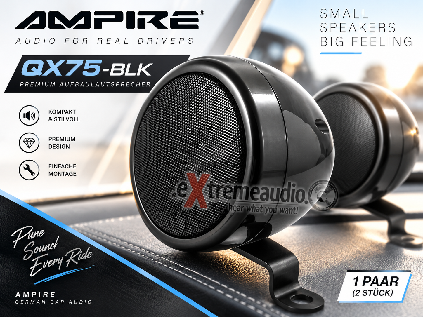 AMPIRE QX75-BLK Premium Aufbaulautsprecher, 7cm, schwarz 1 Paar