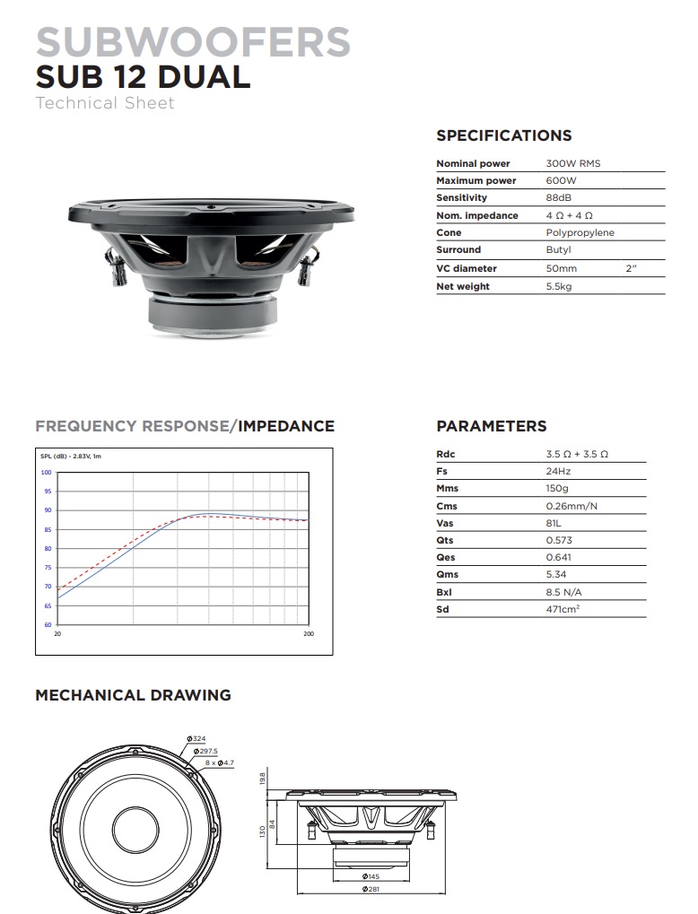 Focal SUB12DUAL Woofer Chassis 30cm (12”) Subwoofer 600 Watt, 4+4 Ohm