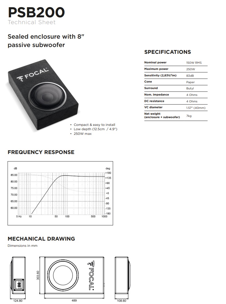 Focal PSB200 Performance 20 cm Subwoofer geschlossen im Gehäuse 250 Watt Woofer