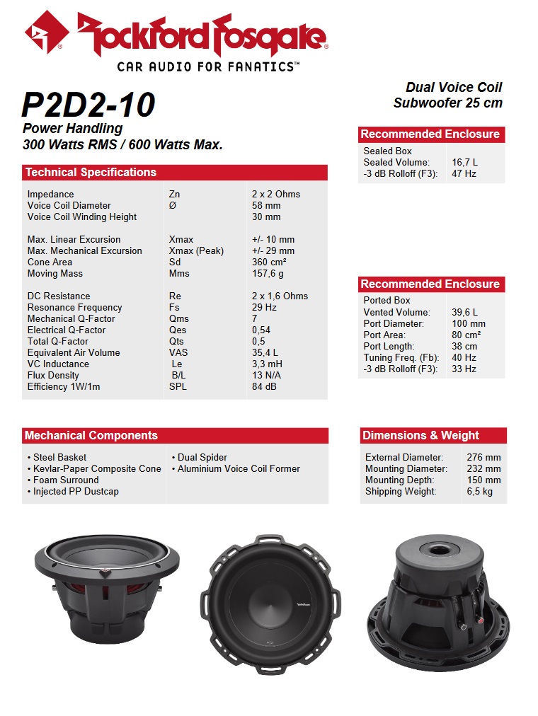 Rockford Fosgate P2D2-10 Punch P2 Subwoofer 25 cm (10") 300 Watt RMS 