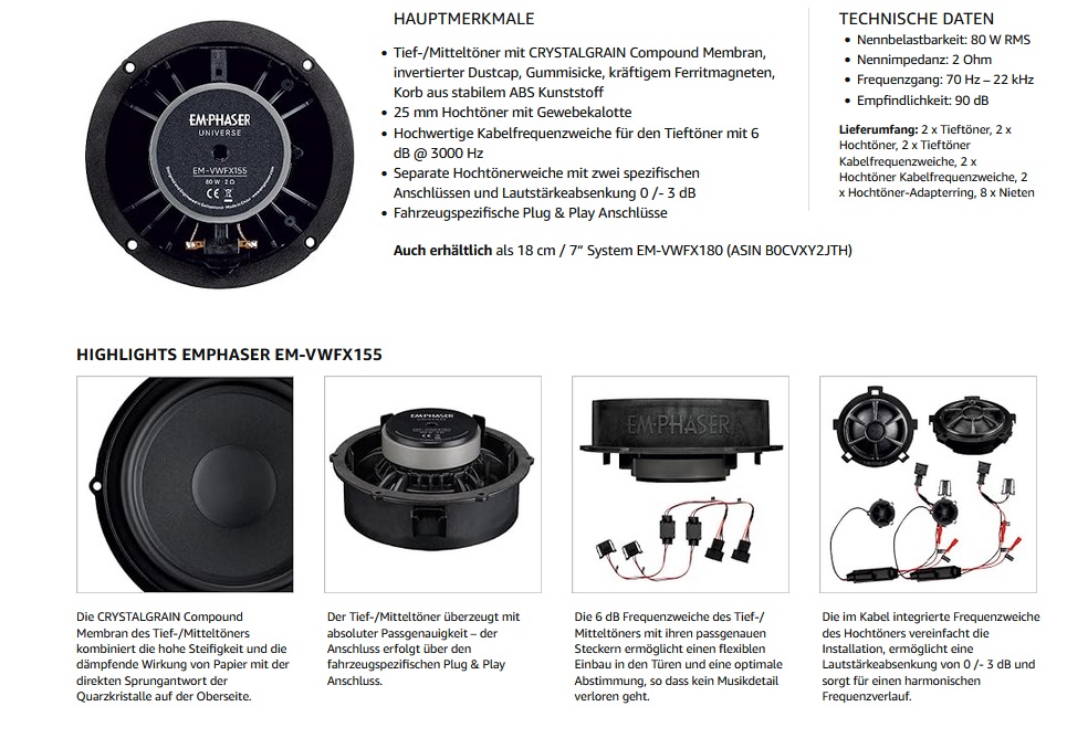 EMPHASER EM-VWFX155 15.5 cm 2-Wege Compo Lautsprecher kompatibel mit Volkswagen VW, Seat, Skoda, Soundsystem für Tür Einbau