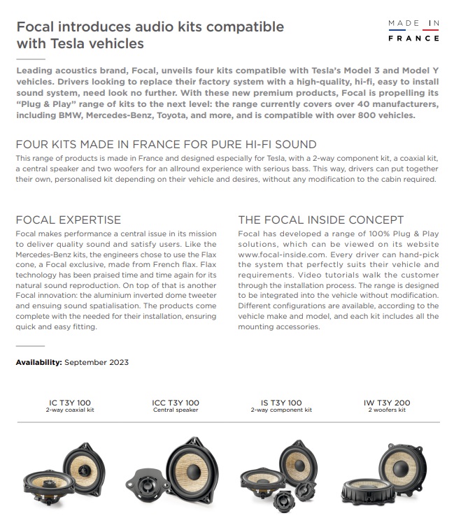 FOCAL IW-T3Y-200 INSIDE Basslautsprecher Woofer kompatibel mit TESLA Model 3 Standard, Sr+, Premium Lr Mr, Model Y Standard Sr, Y Premium Lr für Türen vorne