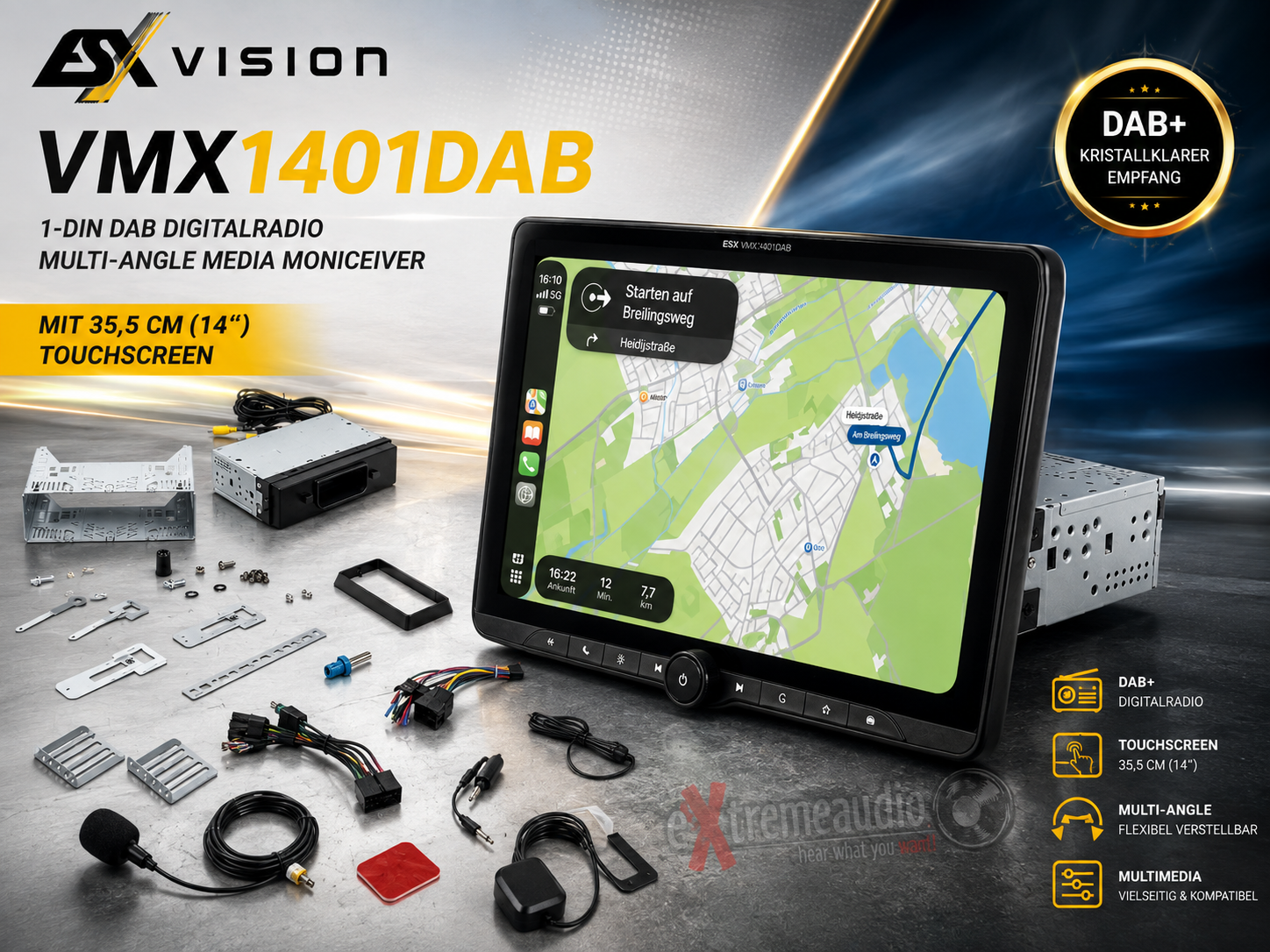 ESX VMX1401DAB Universal 1-DIN DAB Digitalradio Autoradio Multi-Angle Media Moniceiver mit 35,5 cm (14“) Touchscreen