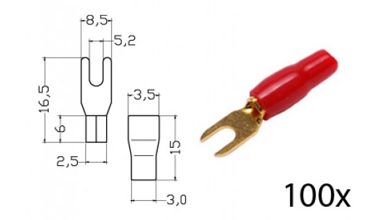 RTA 152.352-2 Morsetti di fissaggio - forcella isolati, placcato in oro, 100x ROSSO 1,5-2,5mm² / 13 / 16AWG diam. diam 5 millimetri