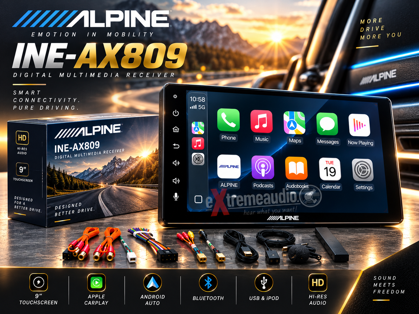 Alpine INE-AX809 Digital Multimedia Receiver MP3 Autoradio mit Touchscreen 9 Zoll, Bluetooth, USB, iPod, CarPlay