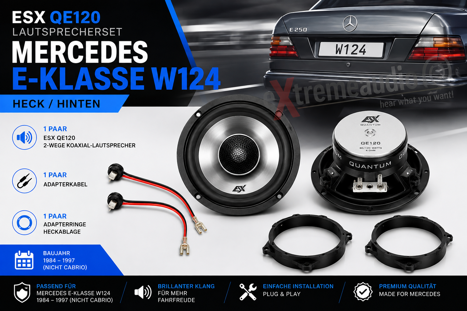 ESX QE120 Lautsprecherset für Mercedes E-Klasse W124 1984–1997 Heck  / hinten