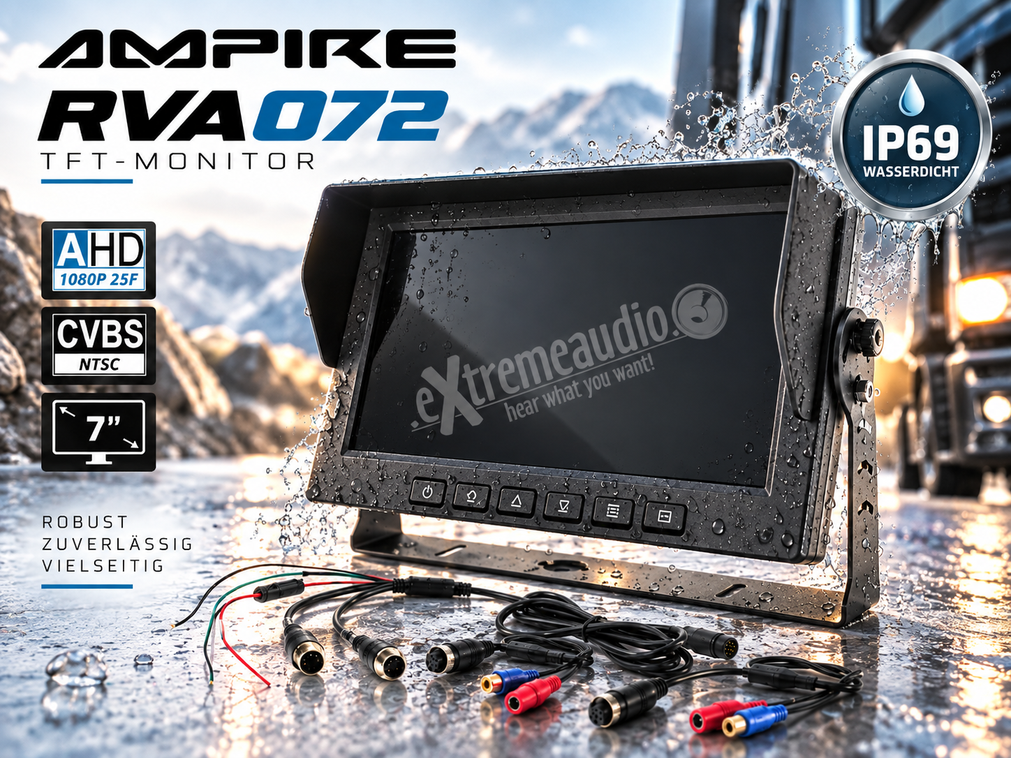 AMPIRE RVA072 TFT-Monitor 17,8cm (7") 2 Videoeingänge (AHD/CVBS) wasserdicht IP69