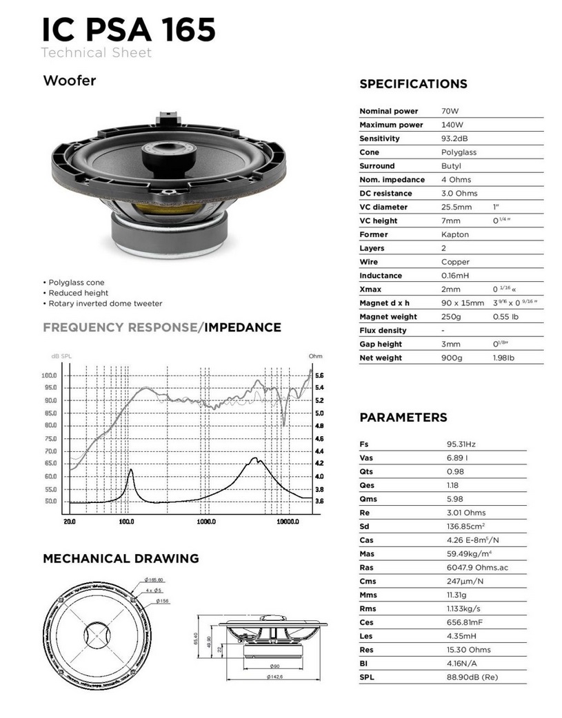 Focal ICPSA165 Inside 16,5 cm (6.5") 2-Wege Koax Lautsprecher Set kompatibel mit Peugeot, Citroen 1 Paar