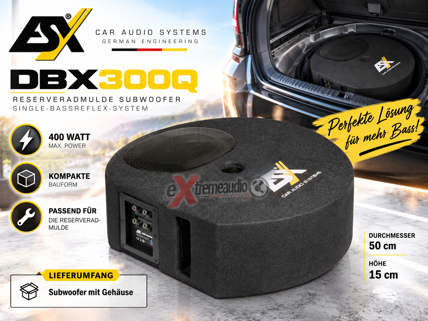 ESX DBX300Q Reserveradmulde Ersatzrad Woofer Subwoofer 400 Watt Single-Bassreflex-System 15 x 23 cm (6 x 9”) Passend für die Reserverad-Mulde