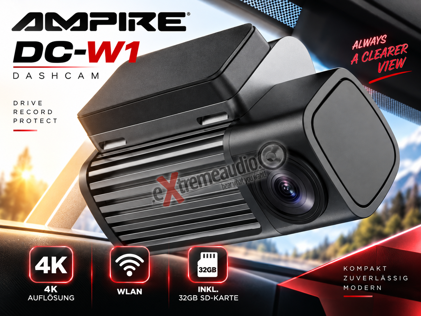 Ampire DC-W1 1-Kanal Dashcam mit 4K Auflösung, WLAN und inklusive 32GB SD-Karte