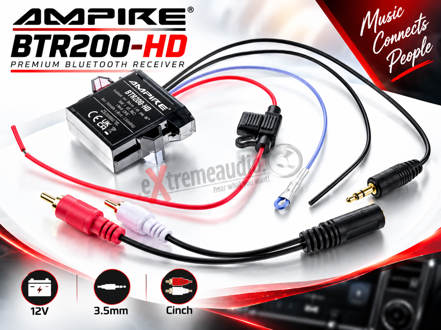 Ampire BTR200-HD Premium Bluetooth Receiver, 3.5mm Klinke/Cinch, 12 Volt, aptHD, aptX Bluetooth Audio Interface Adapter für viele Fahrzeuge