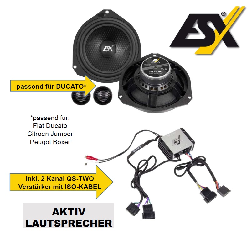 ESX QXFA6.2C 2-Wege AKTIV Lautsprecher System mit Verstärker für Fiat Ducato III, F8, Typ 250, Ducato IV Typ 290, Citroen Jumper, Peugeot Boxer Typ 250, Boxer III Typ 290, Ford Ka II, Opel Movano III 