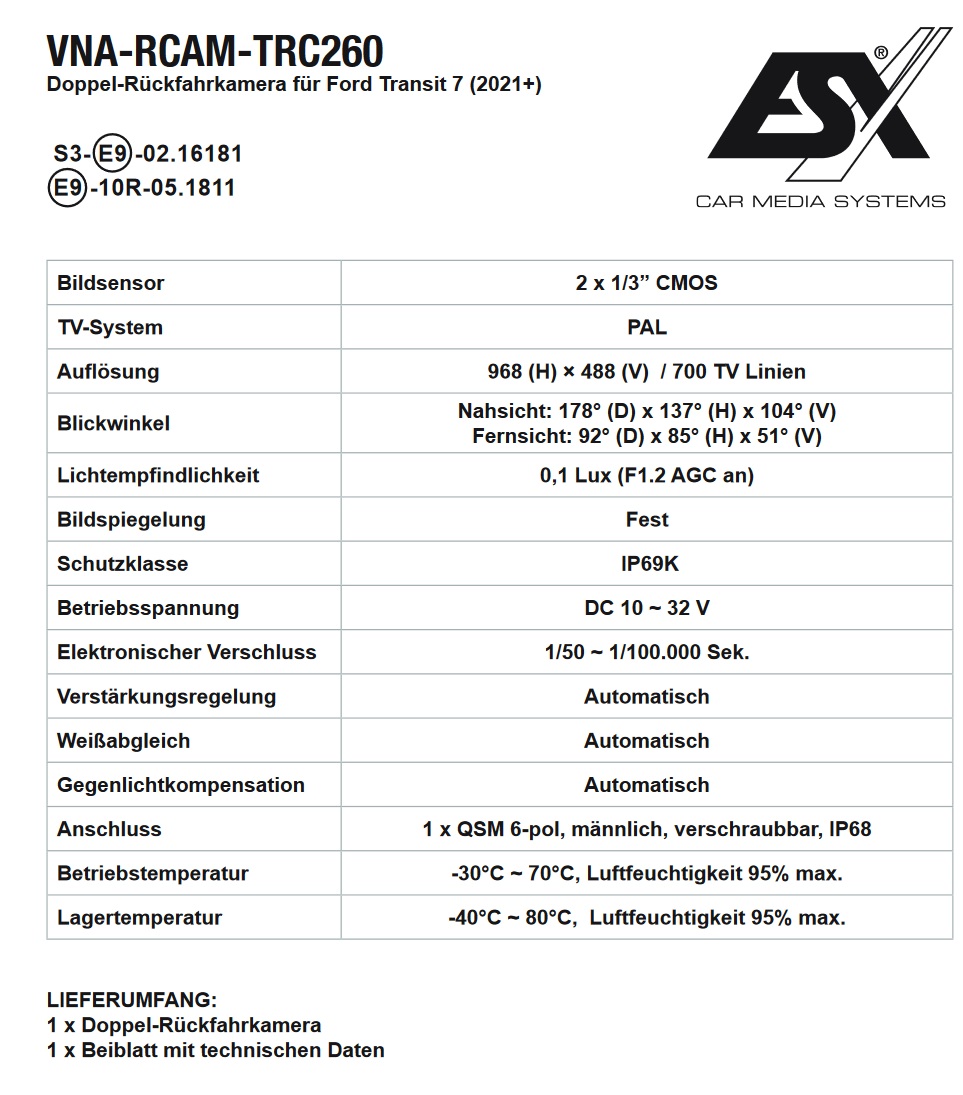 ESX VNA-RCAM-TRC260-15 Doppel Rückfahrkamera kompatibel mit Ford Transit Kastenwagen ab 2021 inkl. 15 Meter Kameraleitung EC15   