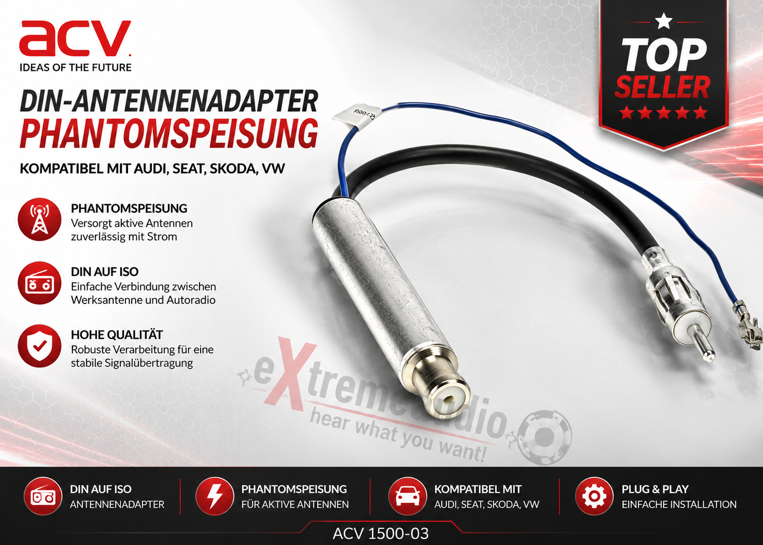 ACV 1500-03 Audi / Seat / VW adaptateur dantenne DIN avec fantôme 