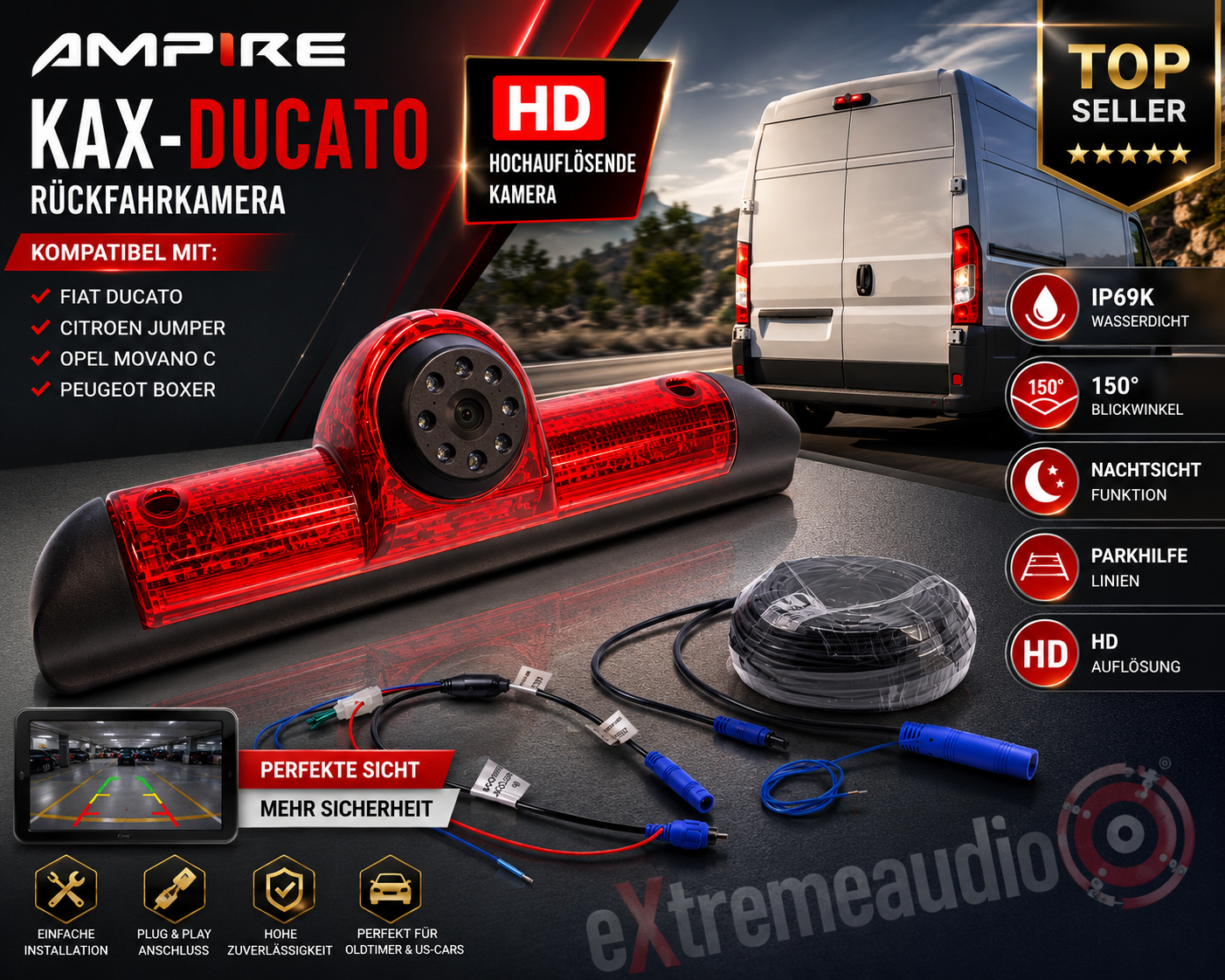 Ampire KAX-DUCATO Rückfahrkamera kompatibel mit Fiat Ducato, Citroen Jumper, Opel Movano C, Peugeot Boxer