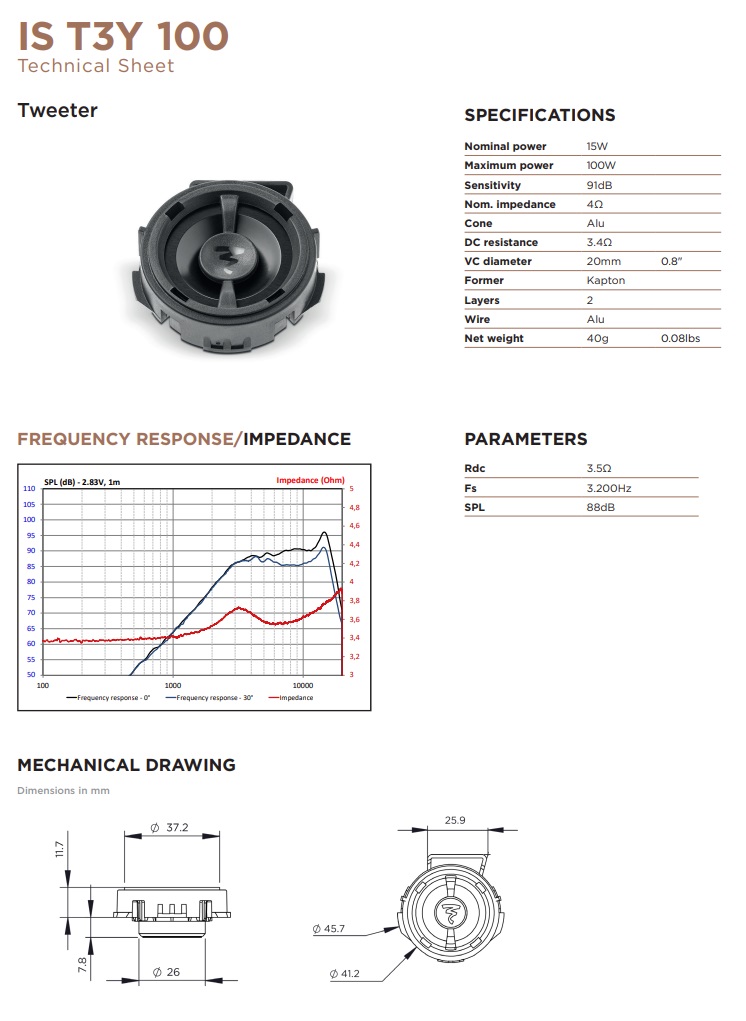 Focal IS-T3Y-100 10 cm (4") 2-Wege Kompo Lautsprecher Set kompatibel mit Tesla  Model 3 Standard, Sr+, Premium Lr Mr, Model Y Standard Sr, Y Premium Lr für Türen vorne