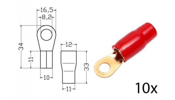 RTA 152.416-2 Klemm-Ringkabelschuh isoliert, vergoldet, 10x ROT 35mm² Ring Durchm. 8mm