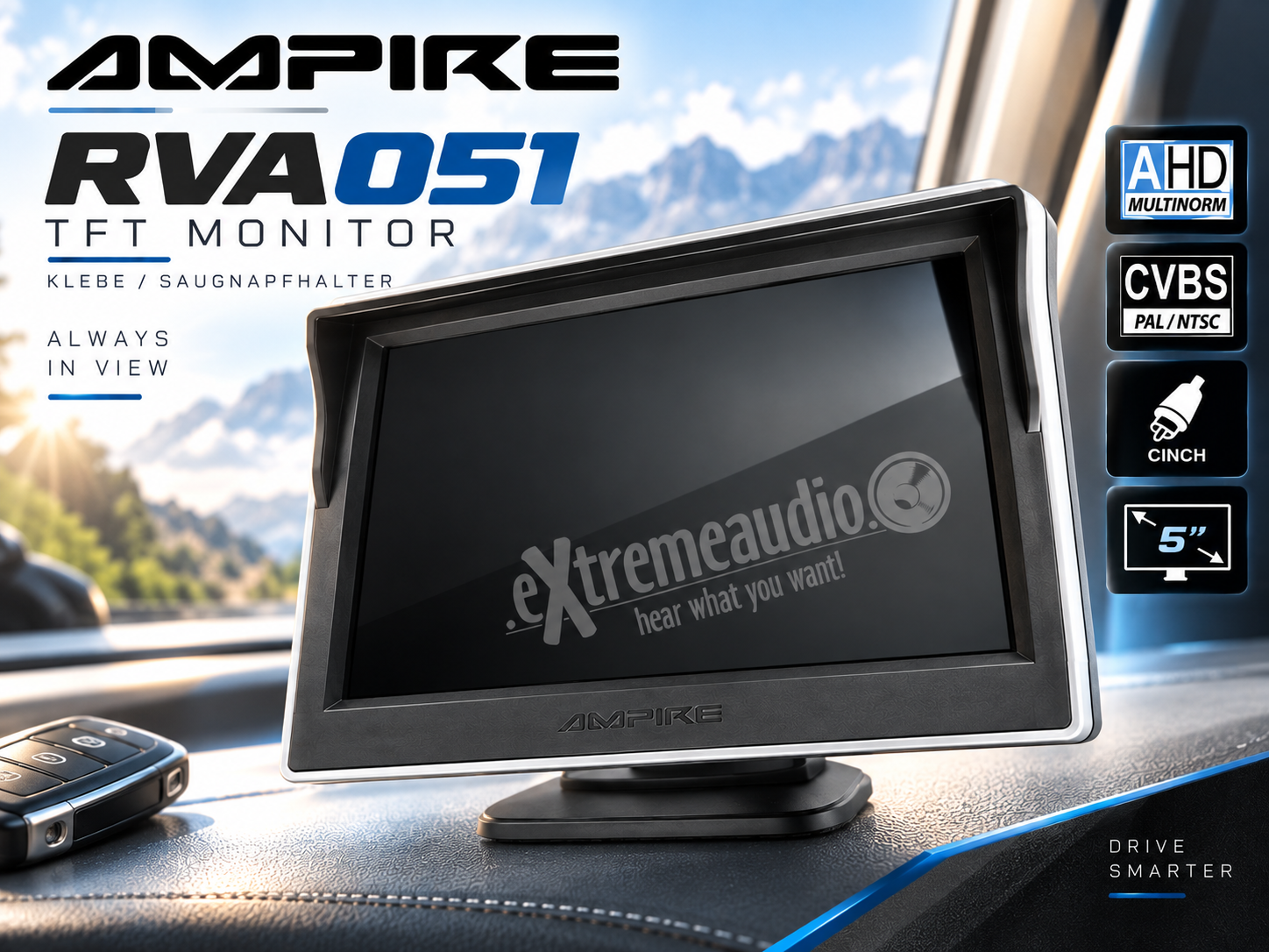 AMPIRE RVA051 TFT Monitor 12.7cm (5"), 2 Videoeingänge (AHD/CVBS) Klebe/Saugnapfhalter   