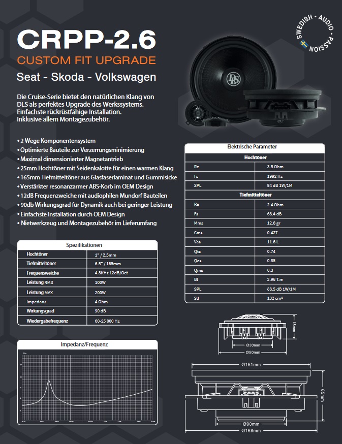 DLS CRPP-2.6 Lautsprecher 16,5 cm (6.5") 2-Wege Kompo System kompatibel mit Seat, Skoda, VW