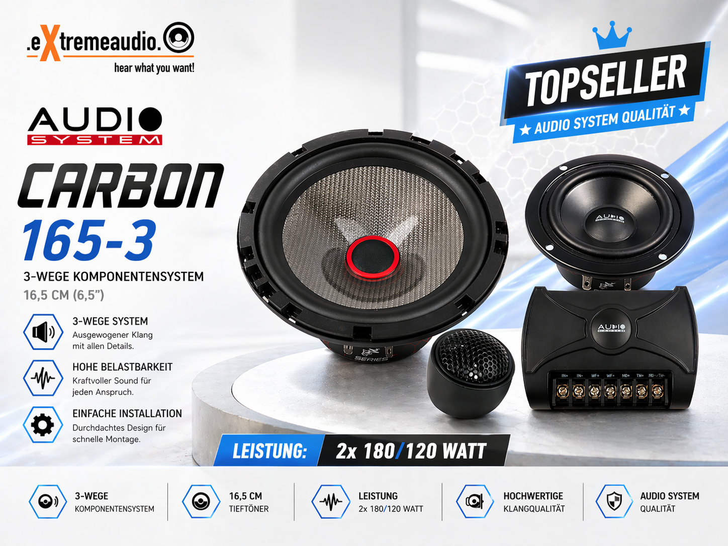 Audio System CARBON 165/3 3-Wege Komponentensystem Lautsprecher Set 16,5 cm (6,5”) 