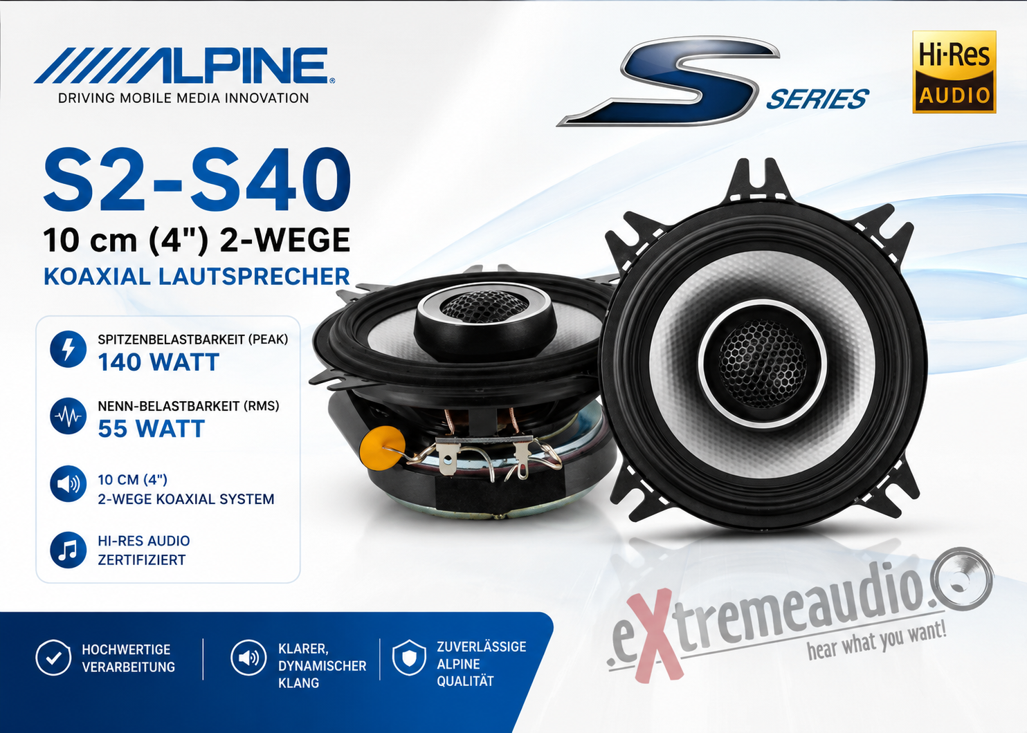 Alpine S2-S40 10 cm (4") 2-Wege Koaxial Lautsprecher 140 Watt - 1 Paar S-Series