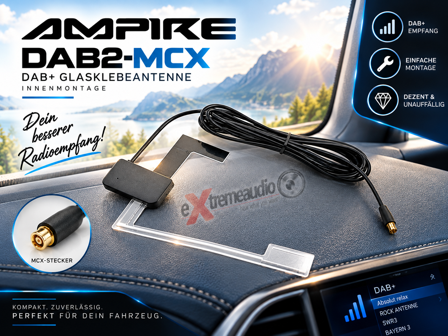 AMPIRE DAB2-MCX DAB+ Glasklebeantenne (Innenmontage) mit MCX-Stecker