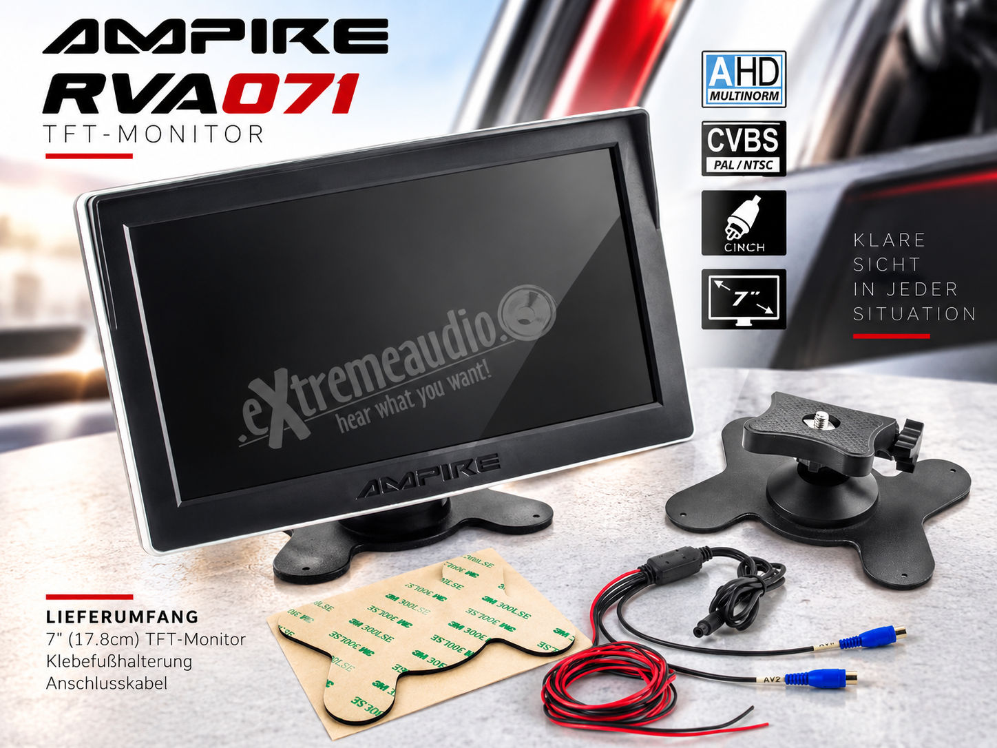 AMPIRE RVA071 TFT-Monitor 17.8cm (7"), 2 Videoeingänge (AHD/CVBS) Aufbaumonitor   