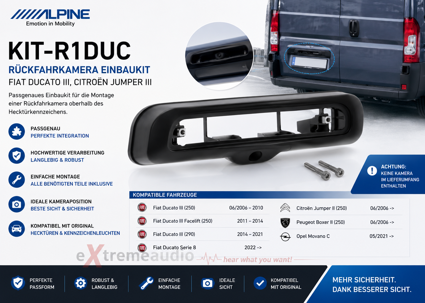 Alpine KIT-R1DUC Rückfahrkamera-Einbaukit für Fiat Ducato (250, 290), Peugeot Boxer und Citroën Jumper, Einbausatz erweitert die 3. Bremsleuchte am Fahrzeug, kompatibel mit Alpine Kameras HCE-C2100RD/HCE-C1100D/HCE-C1100
