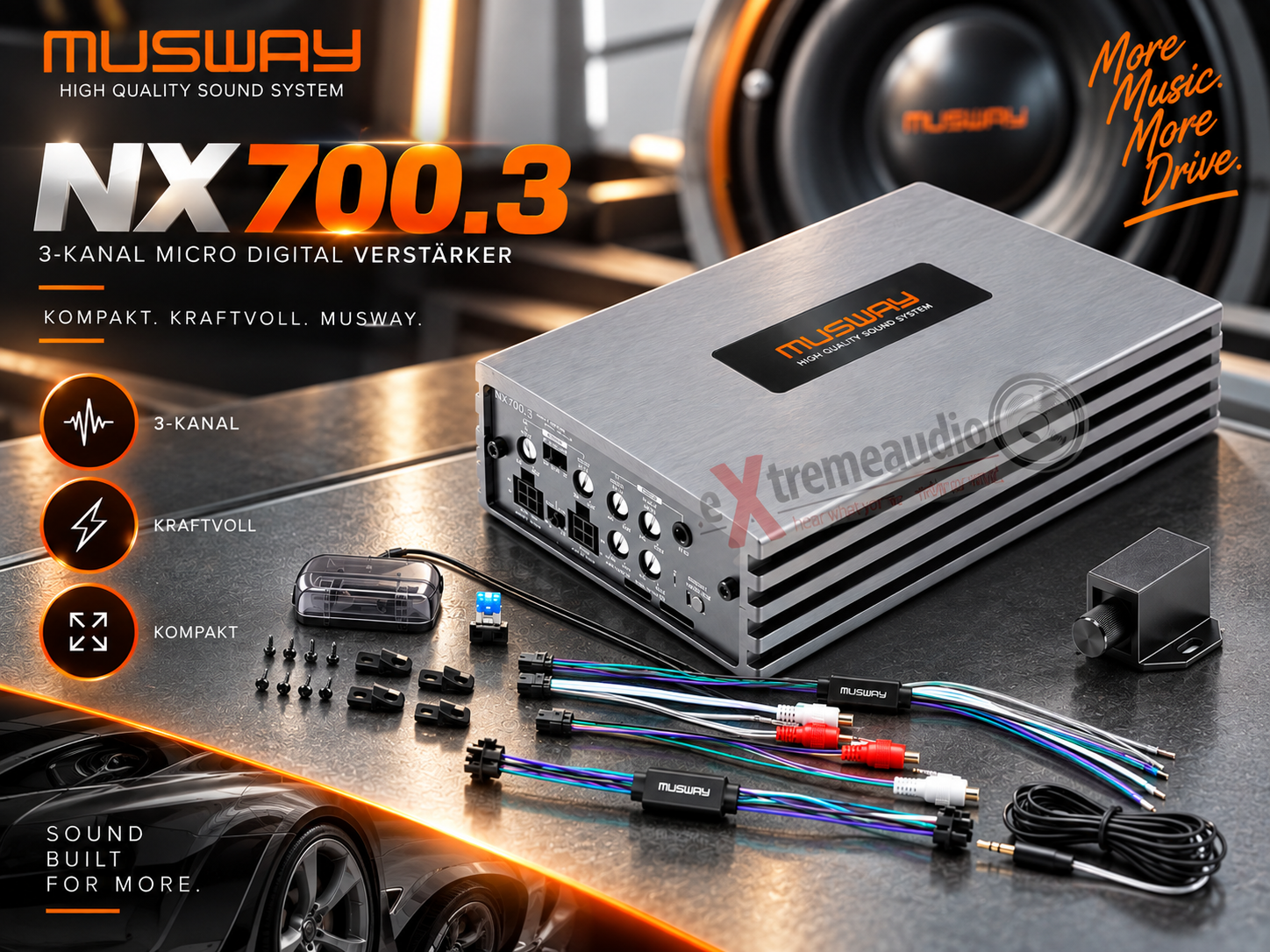Musway NX700.3 3-Kanal Mono Class D Micro Digital Verstärker mit Basspegel-Fernbedienung