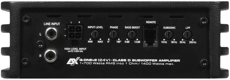 ESX Q-ONEv2 (24V) 1-Kanal Mono Class D Compact Digital Verstärker 24 Volt für LKW Truck Bus 24V mit Basspegel-Fernbedienung 