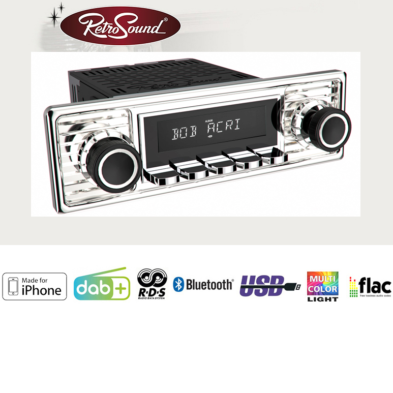 RETROSOUND "MOTOR-6" DAB+ Komplett-Set "Chrome" RSD-CHROME-6 mit Zubehör Autoradio für Oldtimer und US-Cars