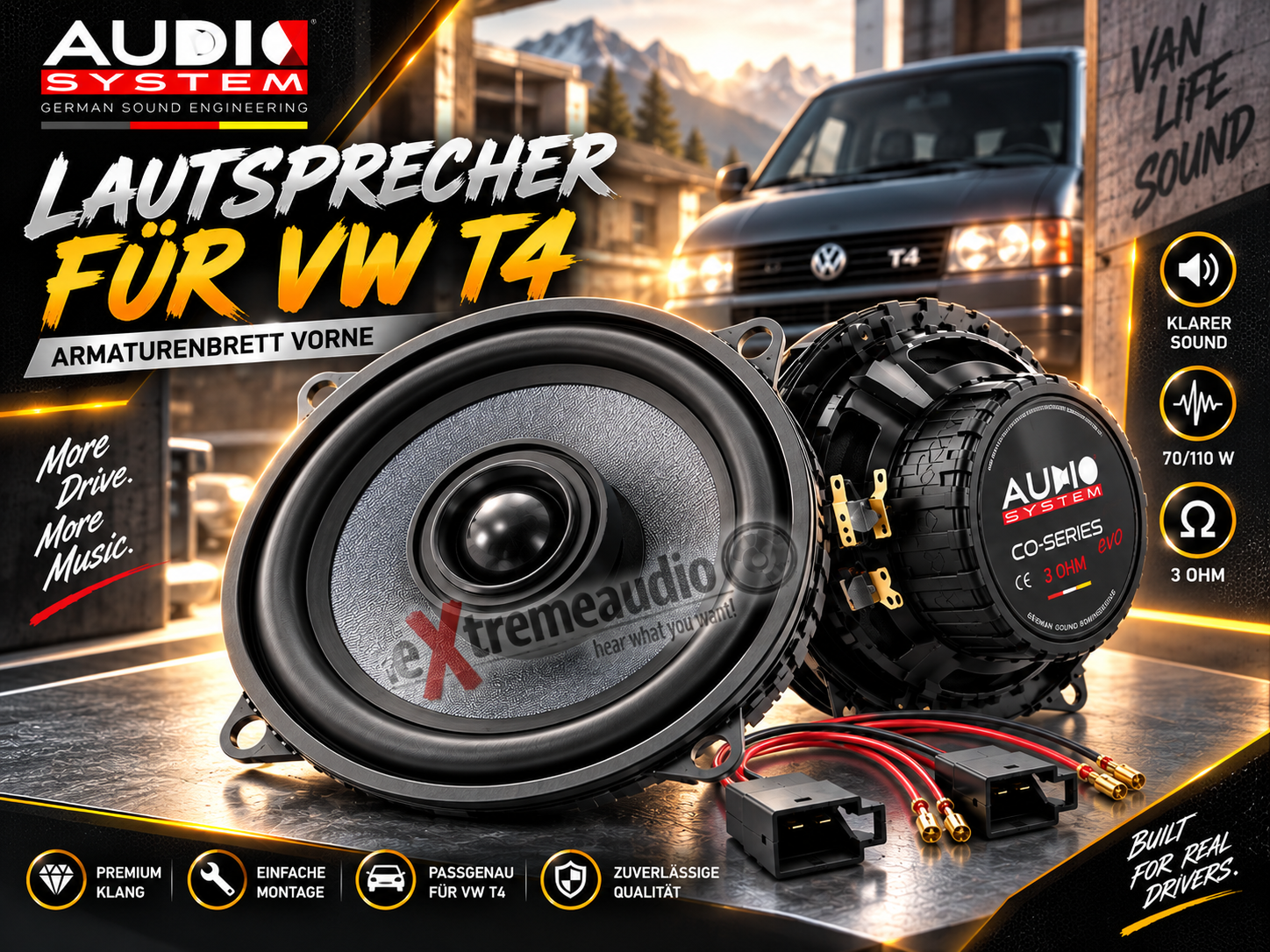 Audio System Lautsprecher kompatibel für VW T4 Armaturenbrett vorne inkl. Kabeladapter Boxen