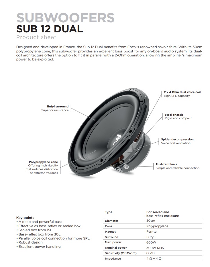 Focal SUB12DUAL Woofer Chassis 30cm (12”) Subwoofer 600 Watt, 4+4 Ohm