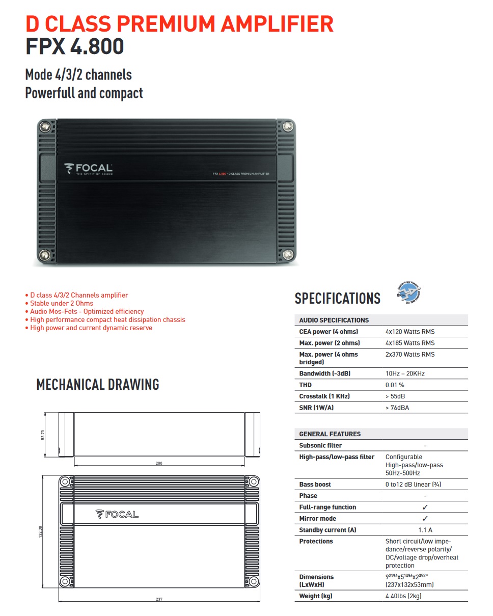 Focal FPX4.800 4-Kanal Class-D Verstärker 740 Watt RMS FPX-Serie Class D