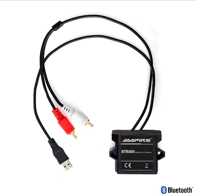 AMPIRE BTR400 Bluetooth Receiver, Cinch (RCA), Strom über USB für Fahrzeuge und Boote 