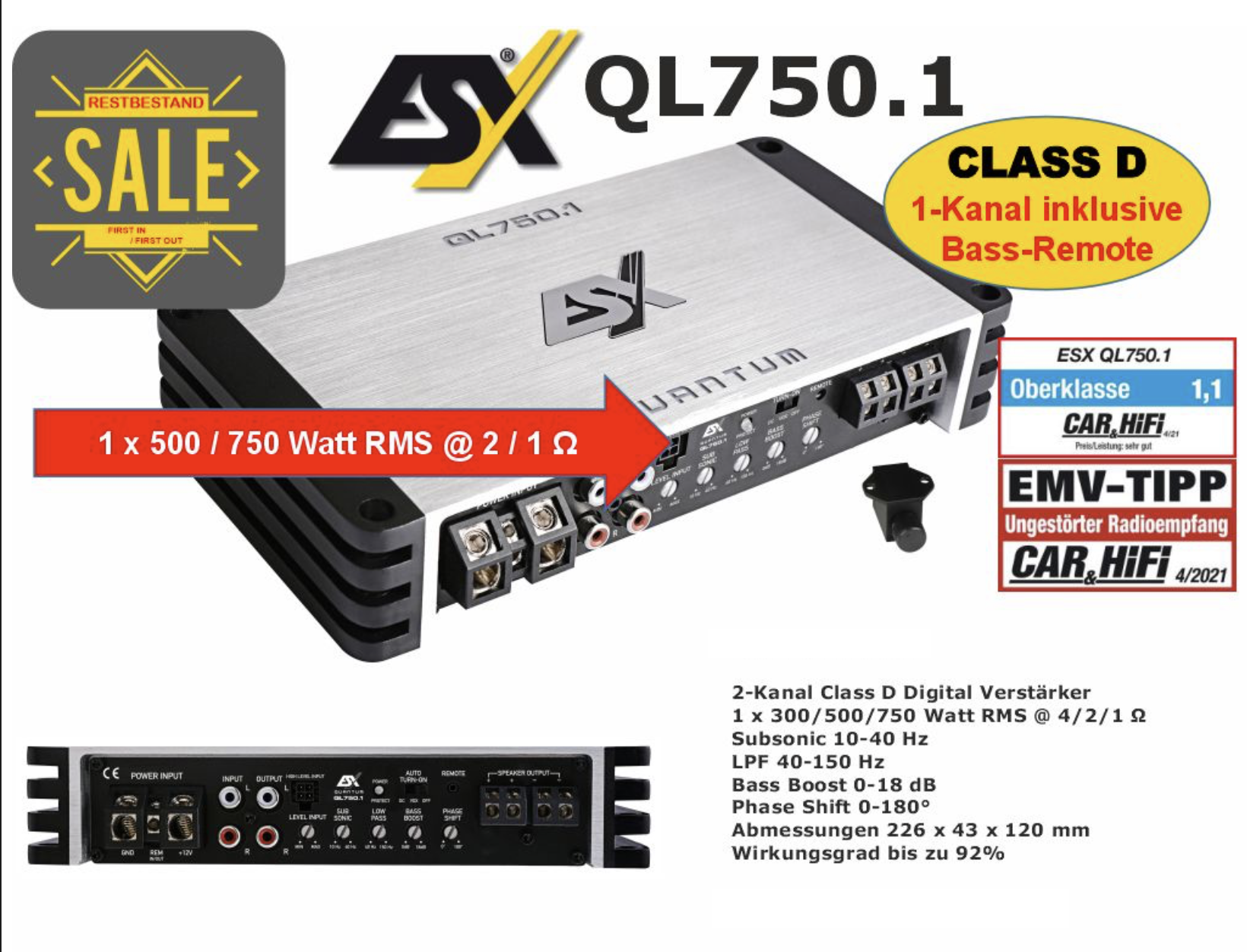 ESX QL750.1 QUANTUM Digital Monoblock Mono Class D Digital Verstärker 750 Watt RMS