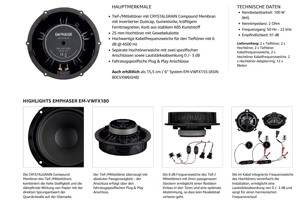 EMPHASER EM-VWFX180 Plug & Play 18 cm (7“) 2-Wege Kombo Lautsprecher Set kompatibel mit VW, Seat, Skoda, Soundsystem für Tür Einbau