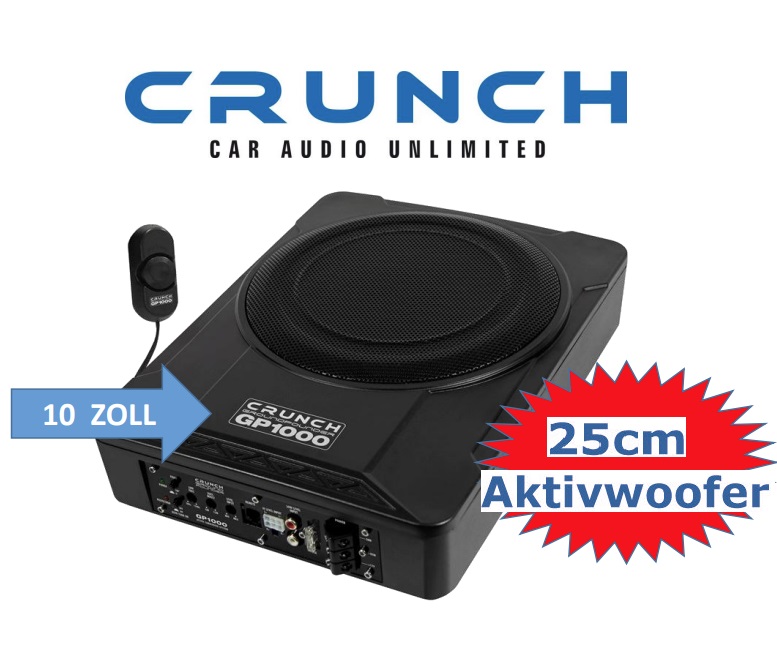 Crunch GP1000 25 cm (10“) aktiv Untersitz Subwoofer 100 Watt RMS mit Bass Fernbedienung