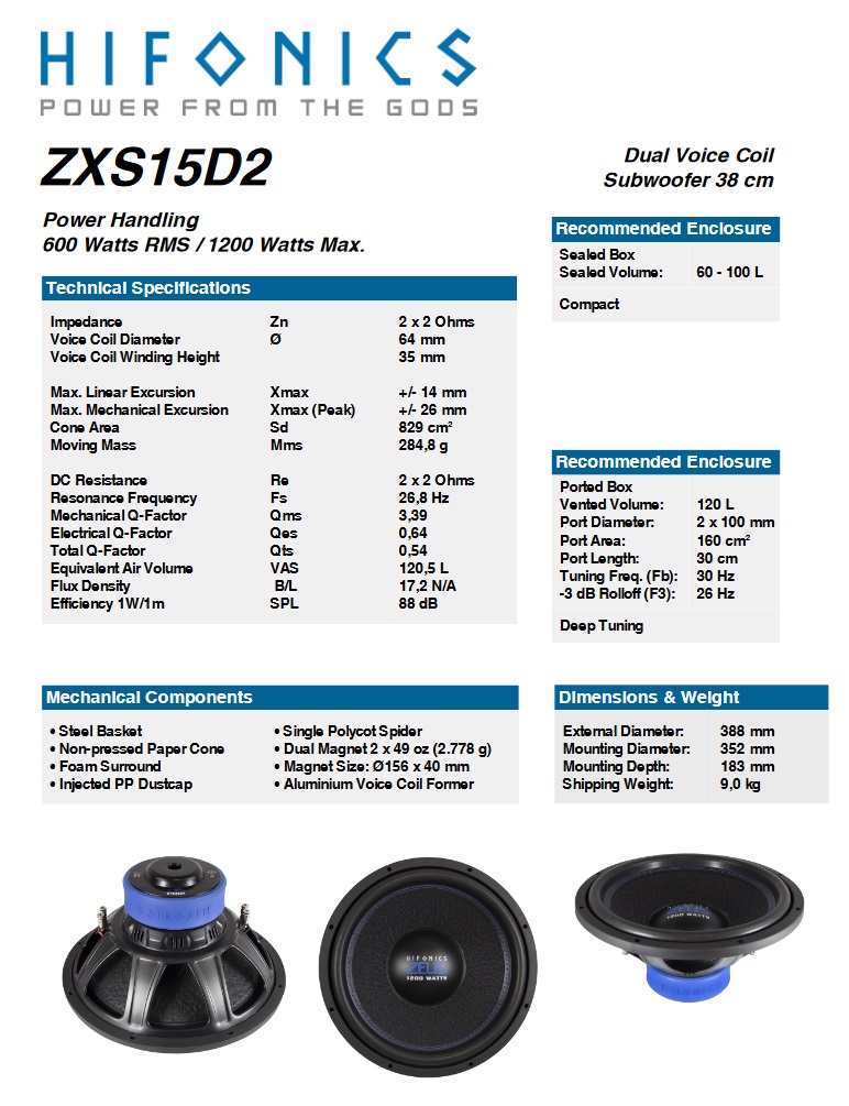 Hifonics ZXS 15D2 38 cm (15") Subwoofer 600 W/RMS, 1200 Watt