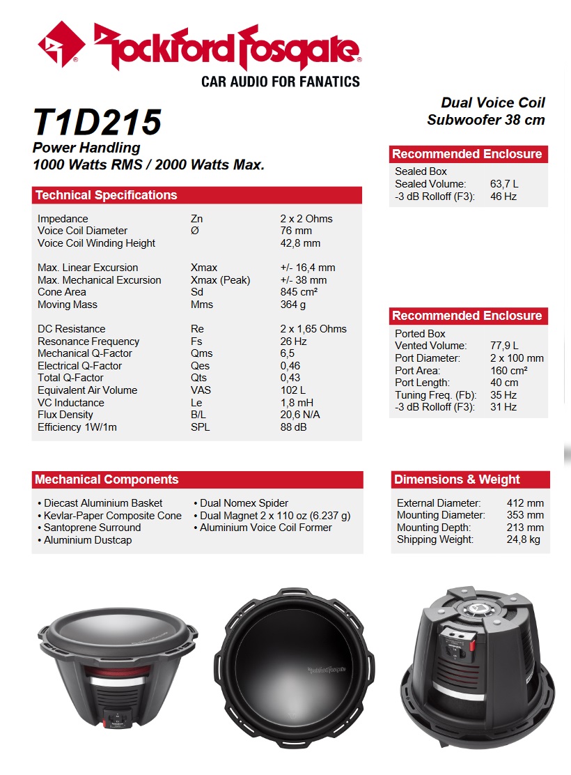 Rockford Fosgate T1D215 Subwoofer 38 cm (15") Power T1 Series 1000 Watt RMS