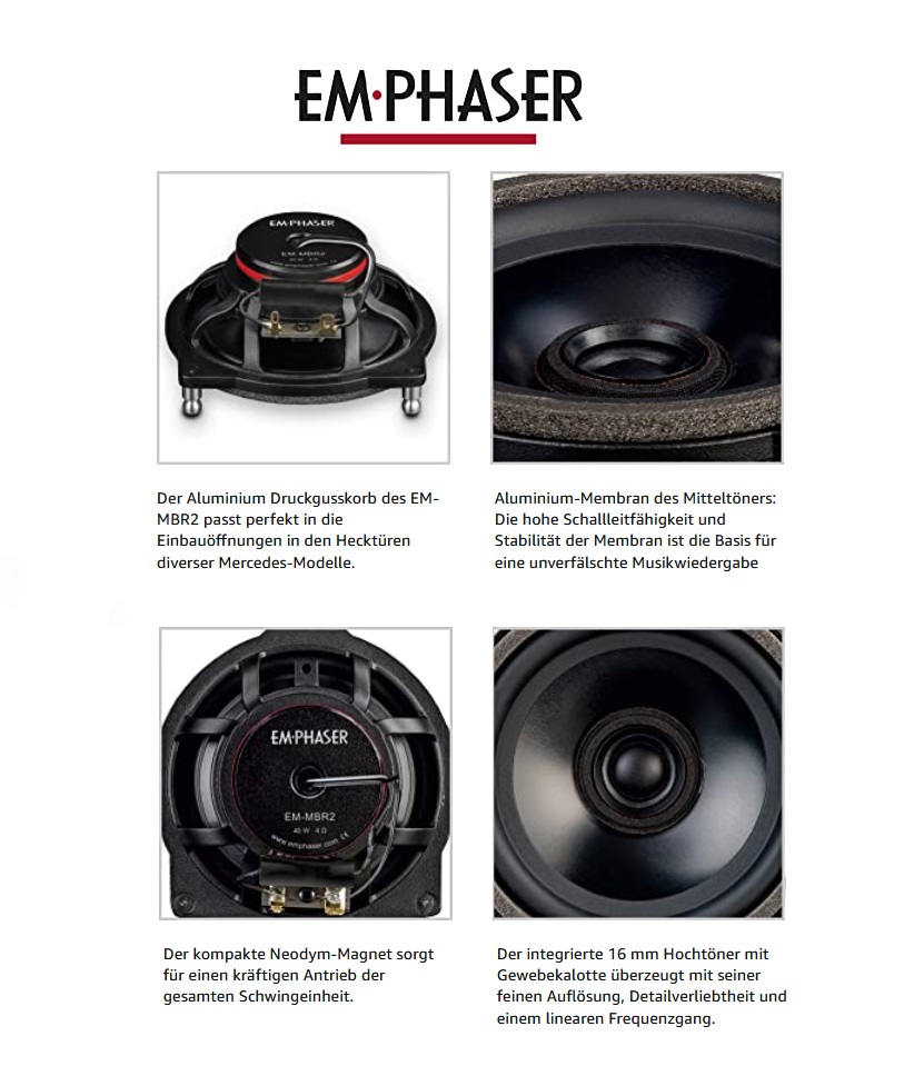 EMPHASER EM-MBR2 2-Wege Plug & Play 10 cm Koax Lautsprecher System Mercedes Benz Fahrzeuge C-Klasse, GLC, E-Klasse, S-Klasse, W205, C205*, S205, A205*, X253, C253, W213, S213, C238, A238, W222