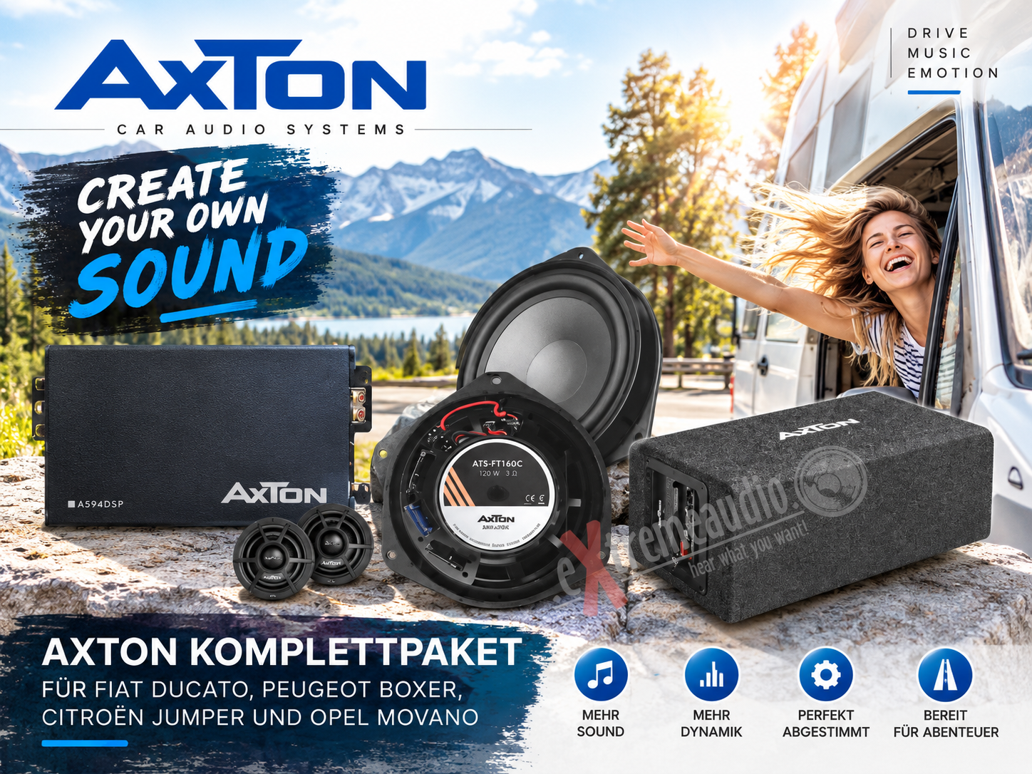 AXTON Komplett-Soundpaket für Fiat Ducato, Peugeot Boxer, Citroën Jumper und Opel Movano bestehend aus Axton ATS-FT160C, A594DSP, ATB120QBA und ATS-ISO4 oder ATS-ISO106