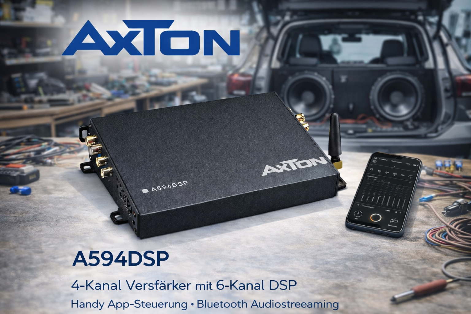  AXTON A594DSP 4-Kanal Verstärker mit 6-Kanal DSP, Handy App-Steuerung, Bluetooth Audiostreaming