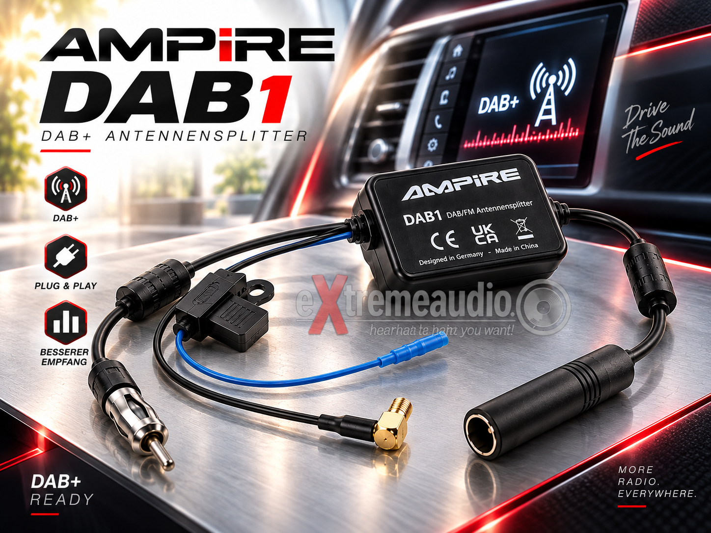 AMPIRE DAB1 DAB+ Antennensplitter (für vorhandene Antennen) Aktiver DAB+ Antennensplitter Plug&Play 